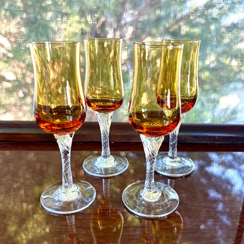 Vintage Amber Cordial Glasses with Clear Twisted Stems, Set of 4